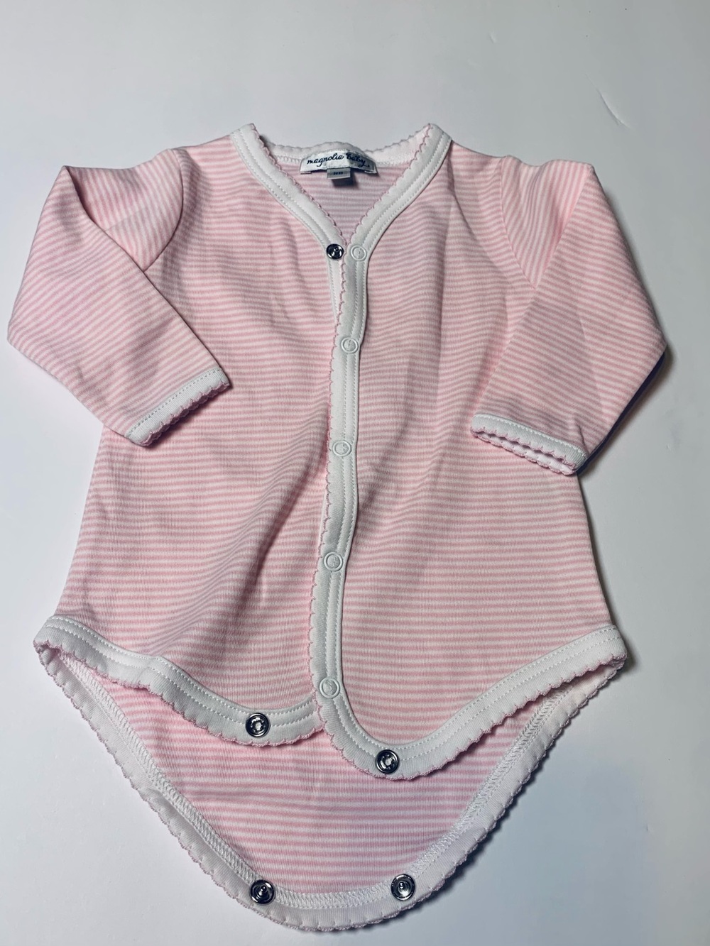 Magnolia Pink and White Striped Long-Sleeve Baby One-Piece